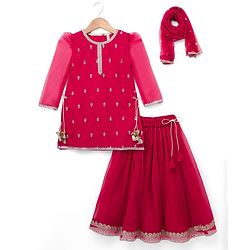 Babyhug Chiffon Three Fourth Sleeves Chinnon Floral Sequin Embroidered Lehenga Choli and Dupatta Set - Red