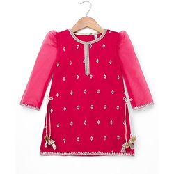 Babyhug Chiffon Three Fourth Sleeves Chinnon Floral Sequin Embroidered Lehenga Choli and Dupatta Set - Red