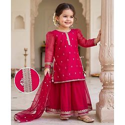 Babyhug Chiffon Three Fourth Sleeves Chinnon Floral Sequin Embroidered Lehenga Choli and Dupatta Set - Red
