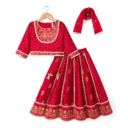 Babyhug Brocade Woven THree Fourth Sleeves Lehenga Choli and Dupatta Set with Floral Embroidery - Maroon