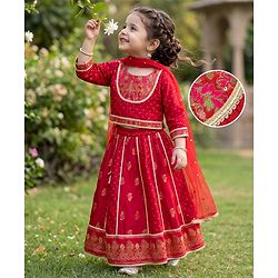 Babyhug Brocade Woven THree Fourth Sleeves Lehenga Choli and Dupatta Set with Floral Embroidery - Maroon