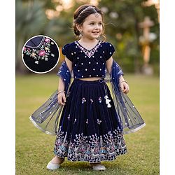 Babyhug Velvet Woven Lehenga Choli and Dupatta Set with Half Sleeves and Trees and Deer Embroidery in Navy Blue for 12-18 Months