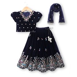 Babyhug Velvet Woven Lehenga Choli and Dupatta Set with Half Sleeves and Trees and Deer Embroidery in Navy Blue for 12-18 Months