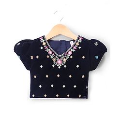Babyhug Velvet Woven Lehenga Choli and Dupatta Set with Half Sleeves and Trees and Deer Embroidery in Navy Blue for 12-18 Months