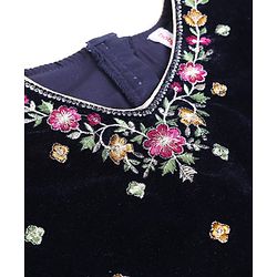 Babyhug Velvet Woven Lehenga Choli and Dupatta Set with Half Sleeves and Trees and Deer Embroidery in Navy Blue for 12-18 Months