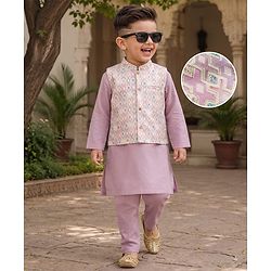 Babyhug 100% Cotton Woven Solid Kurta Pyjama Set With Embroidered Jacket- Purple