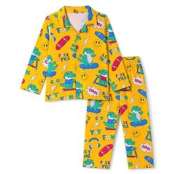 Babyhug 100% Cotton Knit Full Sleeves Co-Ords Shirt & Pyjama Night Suit with Crocodile Print - Yellow