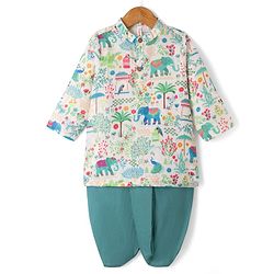 Babyhug 100% Cotton Cambric Woven Full Sleeves Kurta & Dhoti Set with Animal Print - White
