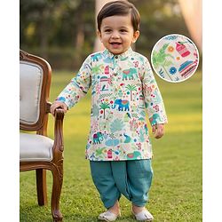 Babyhug 100% Cotton Cambric Woven Full Sleeves Kurta & Dhoti Set with Animal Print - White
