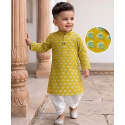 Babyhug 100% Cotton Cambric Woven Full Sleeves Kurta and Dhoti Set with Floral Print in Green