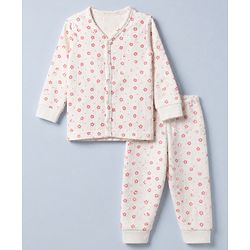 Babyhug Cotton Mix Knit Front open Thermal Set With Floral Print - White