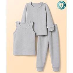 Babyhug Knit Full Sleeves Solid Pullover Vest & Pant Three Piece Thermal Inner Wear Set - Light Grey