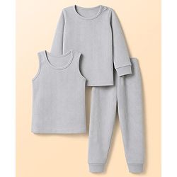 Babyhug Knit Full Sleeves Solid Pullover Vest & Pant Three Piece Thermal Inner Wear Set - Light Grey