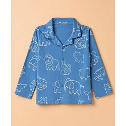 Babyhug 100% Cotton Knit Full Sleeves Co-Ords Shirt & Pyjama Night Suit with Animal Print - Blue