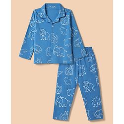 Babyhug 100% Cotton Knit Full Sleeves Co-Ords Shirt & Pyjama Night Suit with Animal Print - Blue