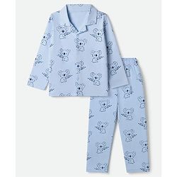 Babyhug 100% Cotton Knit Full Sleeves Co-Ords Shirt & Pyjama Night Suit with Koala Print - Light blue