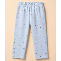 Babyhug Velour Knit Full Sleeves Front Open Woven Co-ord Shirt & Pajama Night Suit with Boat & Fish Print - Light Blue