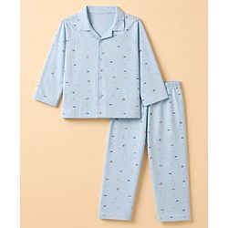Babyhug Velour Knit Full Sleeves Front Open Woven Co-ord Shirt & Pajama Night Suit with Boat & Fish Print - Light Blue