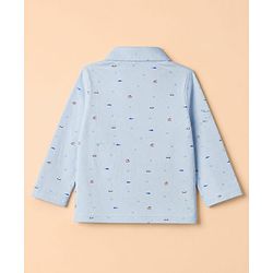 Babyhug Velour Knit Full Sleeves Front Open Woven Co-ord Shirt & Pajama Night Suit with Boat & Fish Print - Light Blue