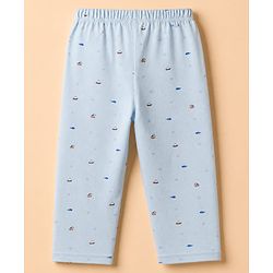 Babyhug Velour Knit Full Sleeves Front Open Woven Co-ord Shirt & Pajama Night Suit with Boat & Fish Print - Light Blue
