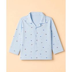 Babyhug Velour Knit Full Sleeves Front Open Woven Co-ord Shirt & Pajama Night Suit with Boat & Fish Print - Light Blue