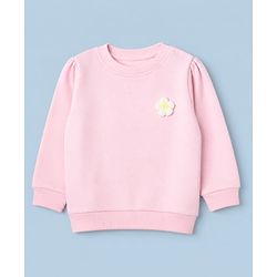 Babyhug 100% Cotton Heavy Gauge Warm Fleece Full Sleeves Sweatshirt With Puffed Sleeves And Flower Applique - Baby Pink