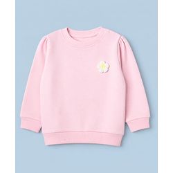 Babyhug 100% Cotton Heavy Gauge Warm Fleece Full Sleeves Sweatshirt With Puffed Sleeves And Flower Applique - Baby Pink