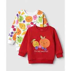 Babyhug 100% Cotton Terry Full Sleeves Sweatshirts With Fruits Print Pack of 2 - White & Red