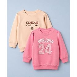 Babyhug 100% Cotton Fleece Knit Full Sleeves Heavy Gauge Sweatshirts With Amour C'Est La Vie Bow Print Pack Of 2 - Pink & Peach