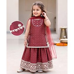 Babyhug Chiffon Woven Sleeveless Chinnon Foil Printed Choli & Lehenga Set With Dupatta Set - Maroon