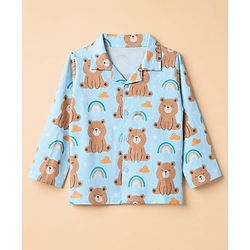 Babyhug Cotton Knit Front Open Full Sleeves Pyjama Co-Ords Set With Bear Print - Blue
