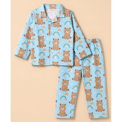 Babyhug Cotton Knit Front Open Full Sleeves Pyjama Co-Ords Set With Bear Print - Blue