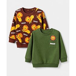 Babyhug Heavy Gauge 100% Cotton Terry Knit Sweatshirt With Animal & Text Print Pack of 2 - Olive Green