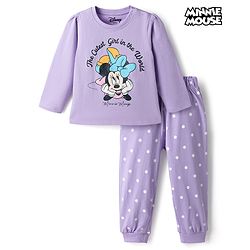 Babyhug Disney Single Jersey Knit Full Sleeves T-Shirt & Pyjama Night Suit Set With Minnie Mouse Graphic Text & Polka Dot Print - Lavender