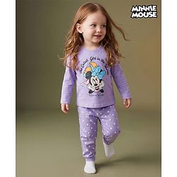 Babyhug Disney Single Jersey Knit Full Sleeves T-Shirt & Pyjama Night Suit Set With Minnie Mouse Graphic Text & Polka Dot Print - Lavender