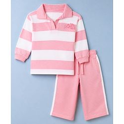 Babyhug 100% Cotton Terry Knit Full Sleeves Striped Top and Pant Set - Pink