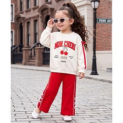 Babyhug 100% Cotton Knit Full Sleeves Mon Cheri Printed Top & Pant With Bow Applique - White & Red