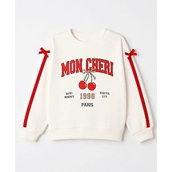 Babyhug 100% Cotton Knit Full Sleeves Mon Cheri Printed Top & Pant With Bow Applique - White & Red