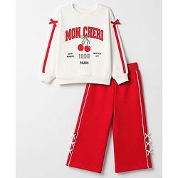 Babyhug 100% Cotton Knit Full Sleeves Mon Cheri Printed Top & Pant With Bow Applique - White & Red