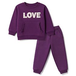 Babyhug 100% Cotton Terry Knit Full Sleeves Top & Joggers Set With Text Print - Purple
