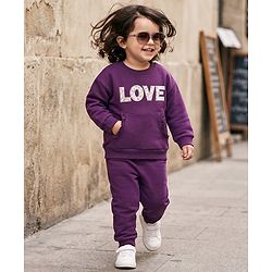 Babyhug 100% Cotton Terry Knit Full Sleeves Top & Joggers Set With Text Print - Purple