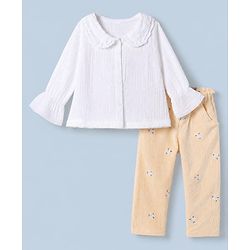 Babyhug 100% Cotton Terry Knit Full Sleeves Front Open Top and Pant with Floral Embroidery - White & Peach
