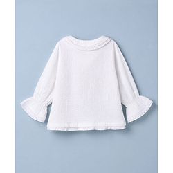 Babyhug 100% Cotton Terry Knit Full Sleeves Front Open Top and Pant with Floral Embroidery - White & Peach