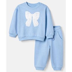 Babyhug 100% Cotton Terry Knit Full Sleeves Top and Jogger Set with Bow Patch in Blue
