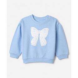 Babyhug 100% Cotton Terry Knit Full Sleeves Top and Jogger Set with Bow Patch in Blue