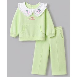 Babyhug 100% Cotton Terry Knit Full Sleeves Top & Pant Set With Floral Embroidery - Limegreen