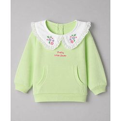 Babyhug 100% Cotton Terry Knit Full Sleeves Top & Pant Set With Floral Embroidery - Limegreen
