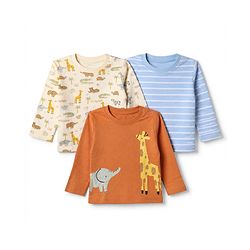 Babyhug 100% Cotton Interlock Knit T-Shirts with Full Sleeves and Giraffe Elephant & Jungle Safari Theme Print Pack of 3 - Light Blue Cream & Orange