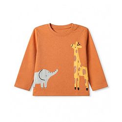 Babyhug 100% Cotton Interlock Knit T-Shirts with Full Sleeves and Giraffe Elephant & Jungle Safari Theme Print Pack of 3 - Light Blue Cream & Orange
