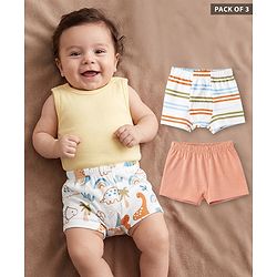 Babyhug 100% Cotton Single Jersey Knit Striped Trunk with Dinosaur Print Pack of 3 - White & Peach